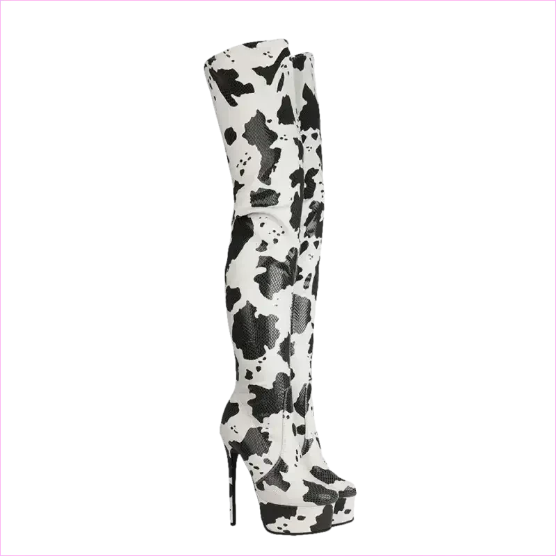 Cow Print Thigh Length Platform Boots for Standout Style - Pleasures and Sins