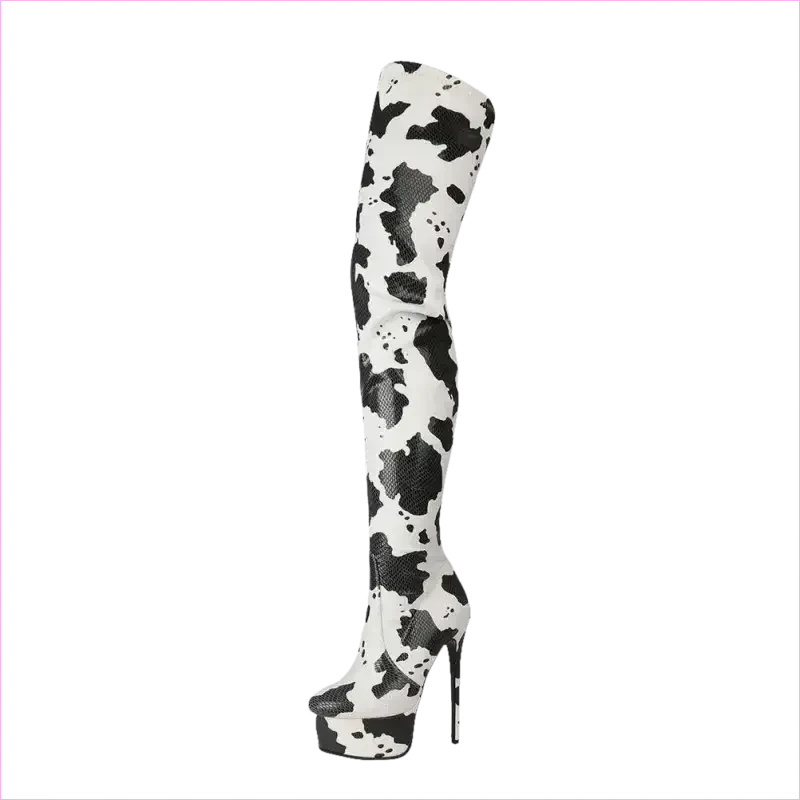 Cow Print Thigh Length Platform Boots for Standout Style - Pleasures and Sins