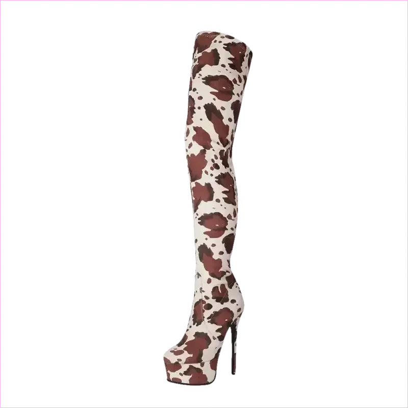 Cow Print Thigh Length Platform Boots for Standout Style - Pleasures and Sins