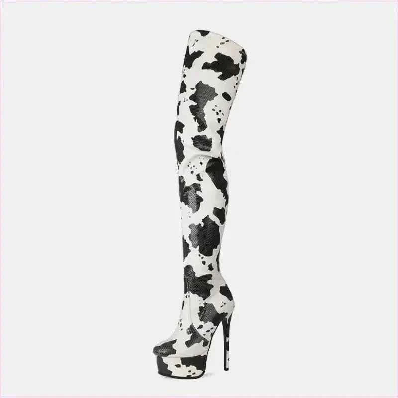 Cow Print Thigh Length Platform Boots for Standout Style - Pleasures and Sins