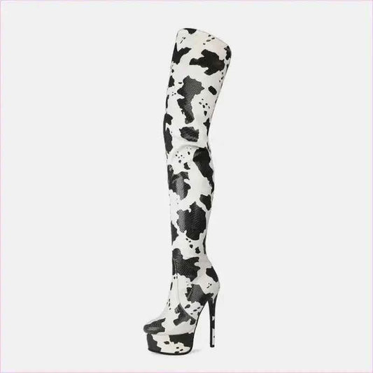 Cow Print Thigh Length Platform Boots for Standout Style - Pleasures and Sins