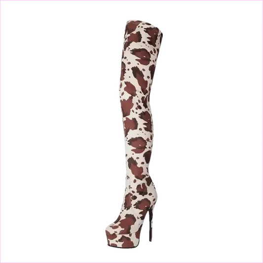 Cow Print Thigh Length Platform Boots for Standout Style - Pleasures and Sins