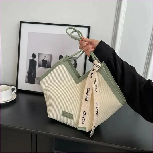 Cream Canvas Tote with Green Trim for Casual Luxury Fashion Students - Pleasures and Sins