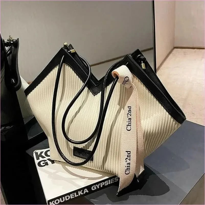 Cream Canvas Tote with Green Trim for Casual Luxury Fashion Students - Pleasures and Sins