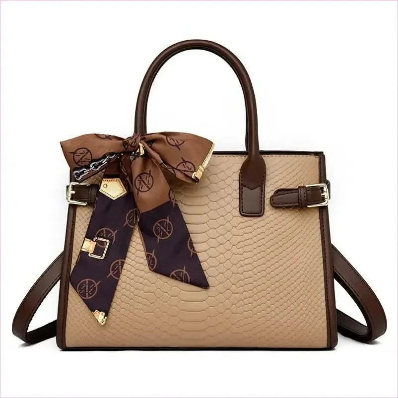 Cream Handbag with Brown Trim and Genuine Leather Snakeskin Pattern - Pleasures and Sins