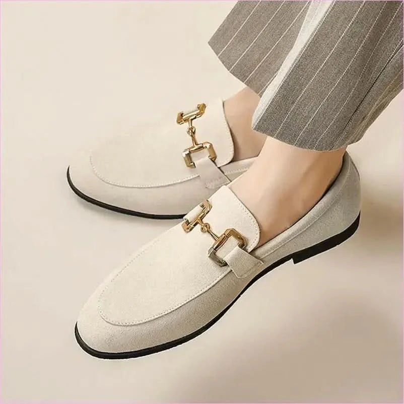 Cream Suede Leather Loafers with Gold Buckle for Casual Driving - Pleasures and Sins