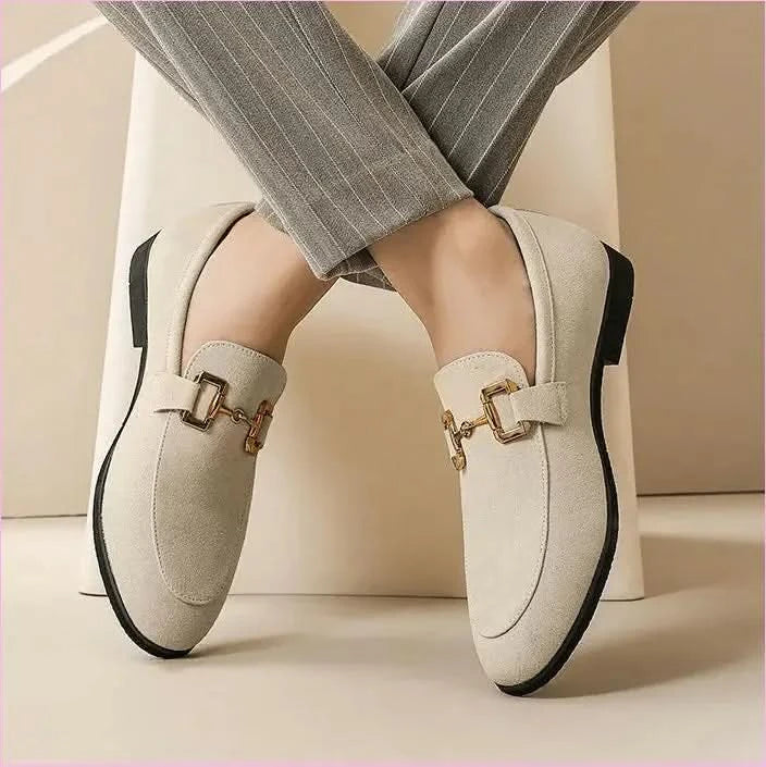 Cream Suede Leather Loafers with Gold Buckle for Casual Driving - Pleasures and Sins