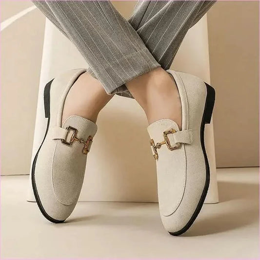 Cream Suede Leather Loafers with Gold Buckle for Casual Driving - Pleasures and Sins