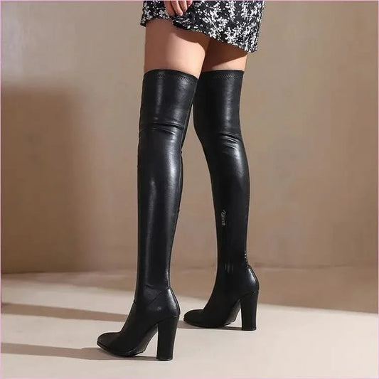 Cream Thigh-high Knee Boots with Pointed Toe in Unisex Large Sizes - Pleasures and Sins