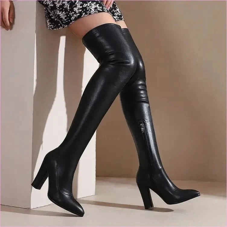 Cream Thigh-high Knee Boots with Pointed Toe in Unisex Large Sizes - Pleasures and Sins