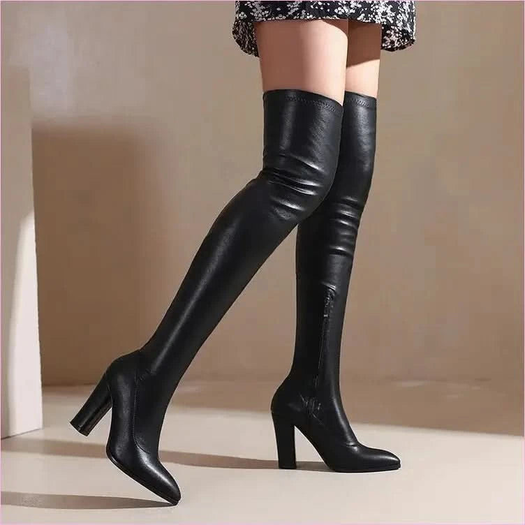 Cream Thigh-high Knee Boots with Pointed Toe in Unisex Large Sizes - Pleasures and Sins