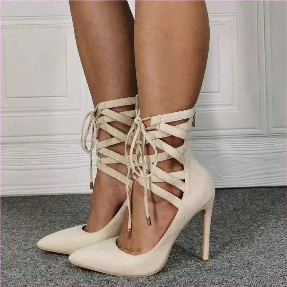 Cream Unisex Stiletto Heel Lace Ankle Pointed Toe High Heels - Pleasures and Sins