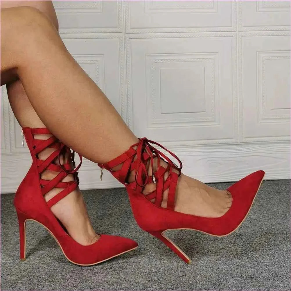 Cream Unisex Stiletto Heel Lace Ankle Pointed Toe High Heels - Pleasures and Sins