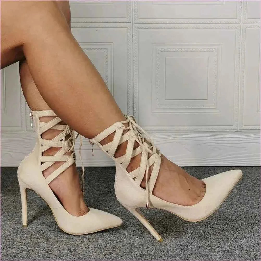 Cream Unisex Stiletto Heel Lace Ankle Pointed Toe High Heels - Pleasures and Sins