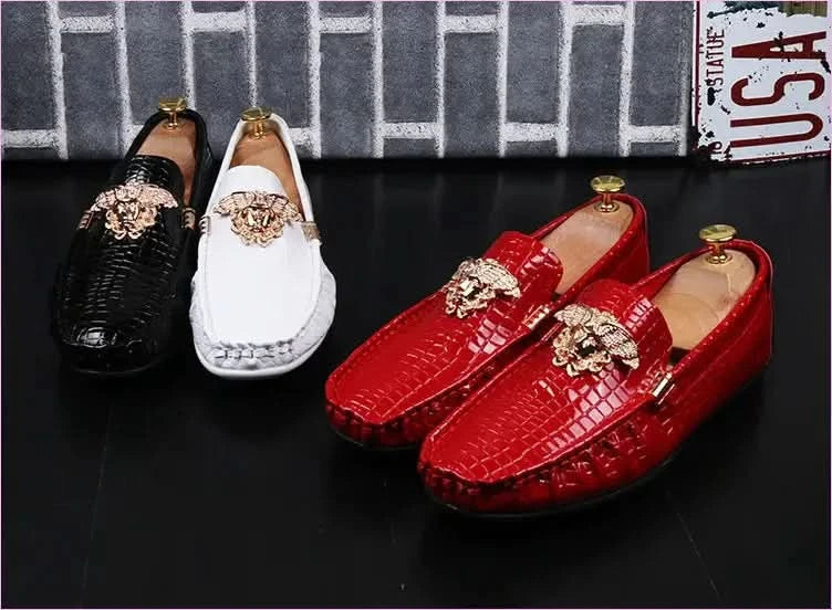 Crocodile Print Moccasins with Gold Emblems for Men - Pleasures and Sins