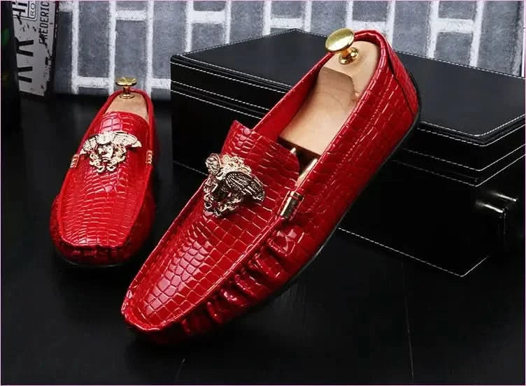 Crocodile Print Moccasins with Gold Emblems for Men - Pleasures and Sins