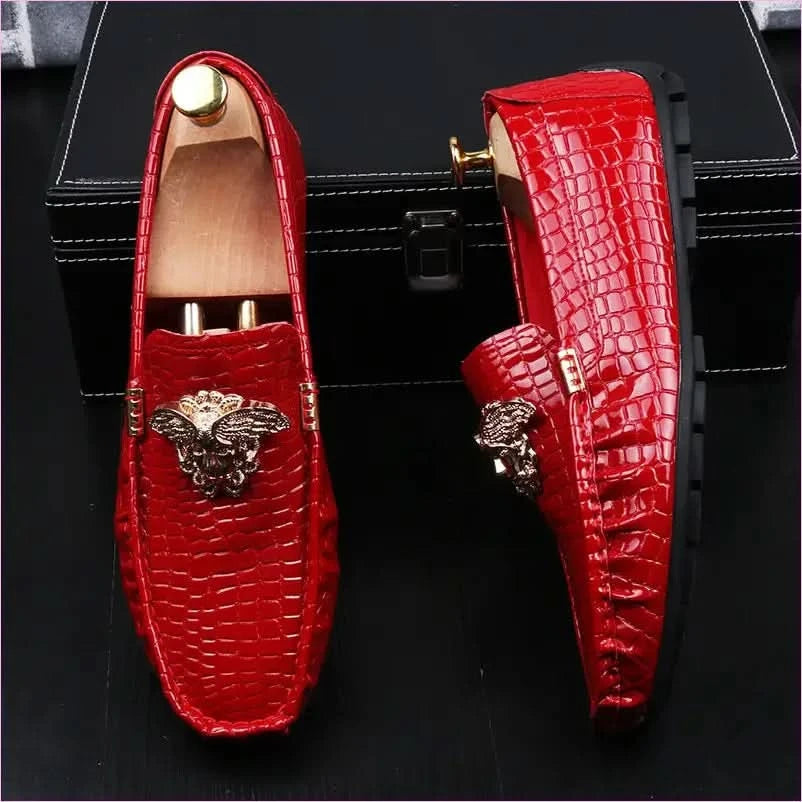 Crocodile Print Moccasins with Gold Emblems for Men - Pleasures and Sins