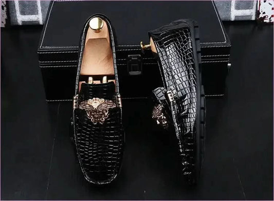 Crocodile Print Moccasins with Gold Emblems for Men - Pleasures and Sins