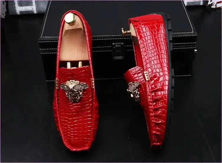 Crocodile Print Moccasins with Gold Emblems for Men - Pleasures and Sins