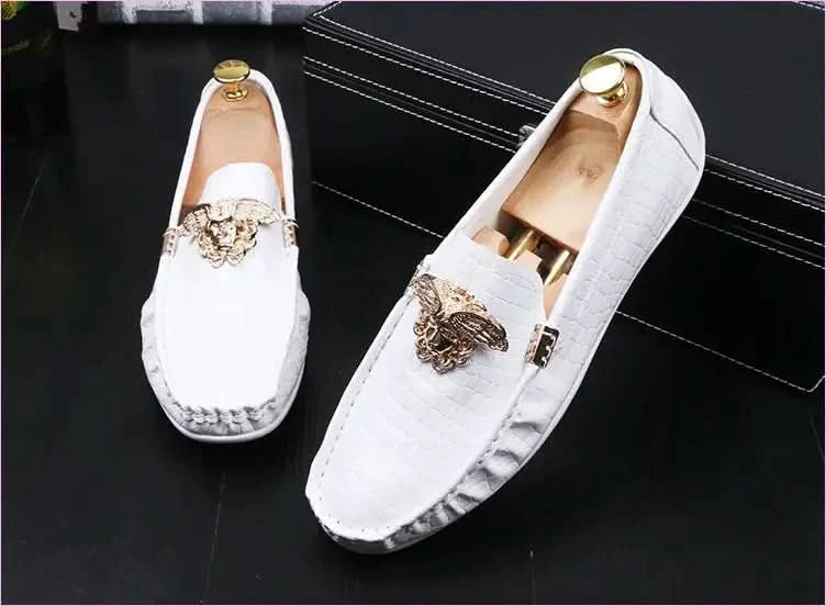 Crocodile Print Moccasins with Gold Emblems for Men - Pleasures and Sins