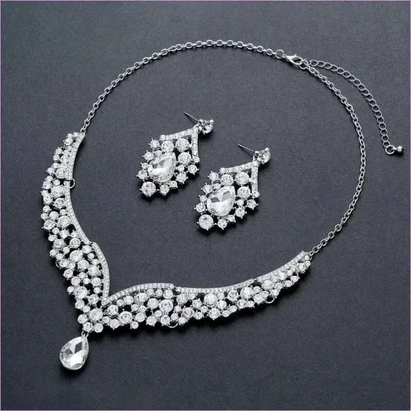 Crystal Waterdrop Rhinestone Crown Bridal Set with Tiara and Jewelry - Pleasures and Sins