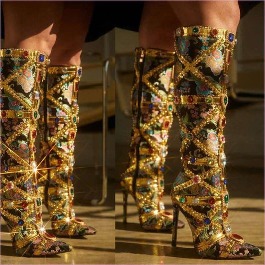 Dazzling Rhinestone Encrusted High Heel Boots for Modern Style - Pleasures and Sins