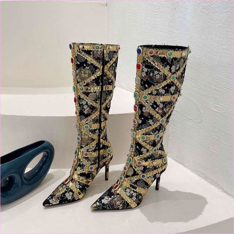 Dazzling Rhinestone Encrusted High Heel Boots for Modern Style - Pleasures and Sins