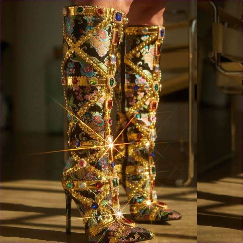 Dazzling Rhinestone Encrusted High Heel Boots for Modern Style - Pleasures and Sins
