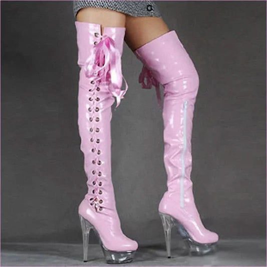 Dazzling Thigh Boots with Crystal Platform for Unmatched Style and Elegance - Pleasures and Sins