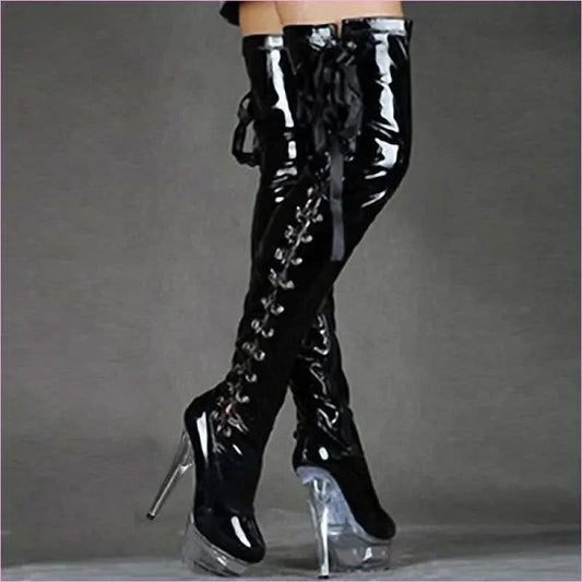 Dazzling Thigh Boots with Crystal Platform for Unmatched Style and Elegance - Pleasures and Sins