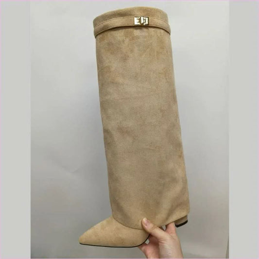 Designeri Style Ladies Pointed Toe Knee High Metal Buckle Boots - Pleasures and Sins