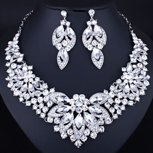 Flower Crystal Rhinestone Necklace Earrings Two-Piece Drag Queen Jewellery Set
