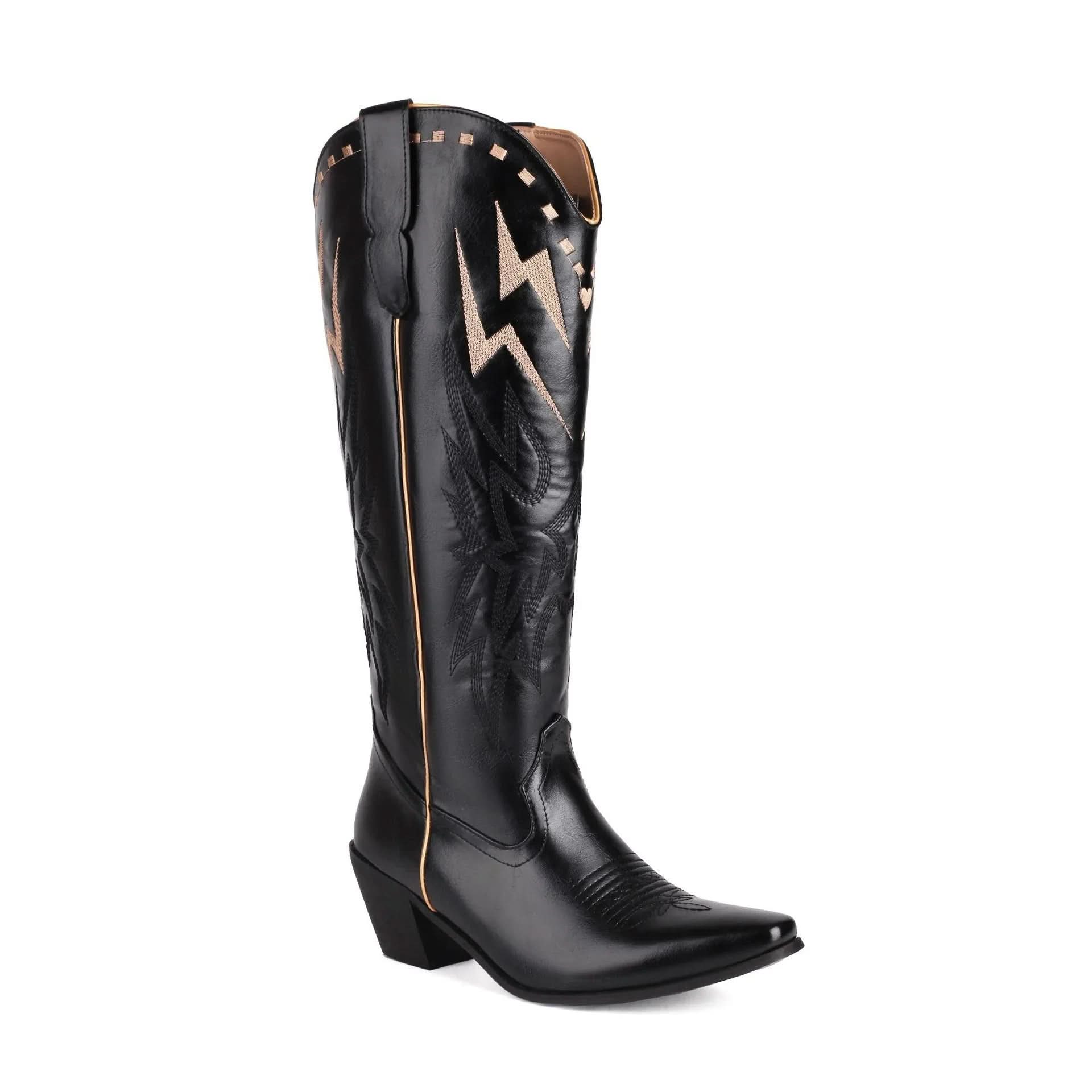 Lightning Bolt Embroidered Knee-high Unisex Plus Size Western Boots Boots Pleasures and Sins Black 35