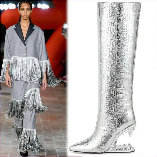 Edgy High Heel Boots with Shark Teeth Pointed Stone Pattern - Pleasures and Sins