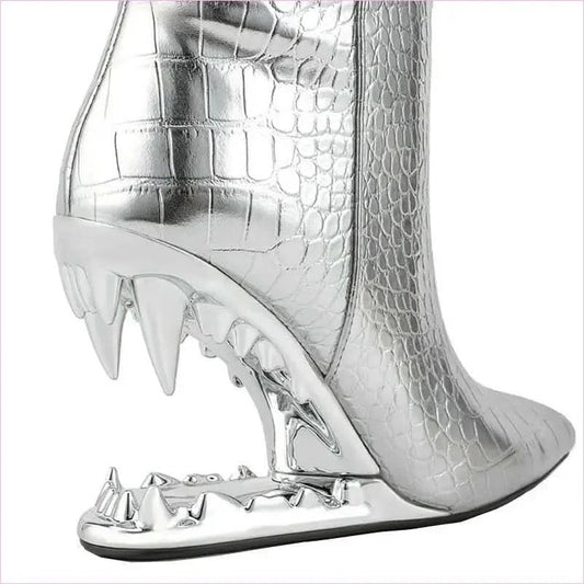 Edgy High Heel Boots with Shark Teeth Pointed Stone Pattern - Pleasures and Sins