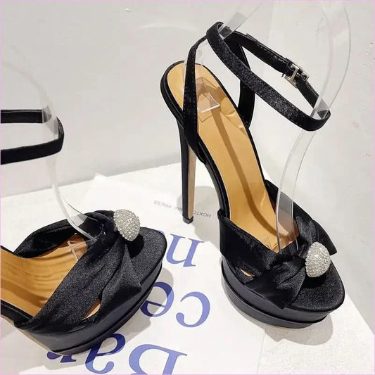 Elegant Black Peep Toe High Heel Platform Sandals with Bow Detail - Pleasures and Sins