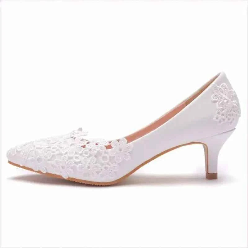 Elegant Lace Flower Wedding Shoes with Kitten Heels in White - Pleasures and Sins
