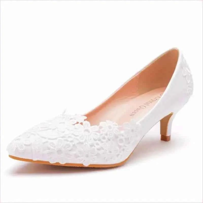 Elegant Lace Flower Wedding Shoes with Kitten Heels in White - Pleasures and Sins
