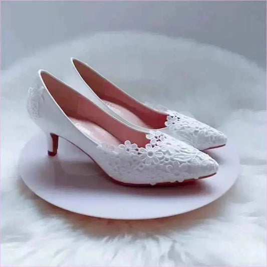 Elegant Lace Flower Wedding Shoes with Kitten Heels in White - Pleasures and Sins
