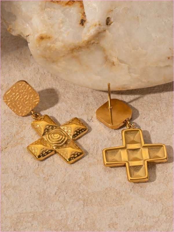 Elegant Spiral Cross Pendant Geometric Earrings in Stainless Steel - Pleasures and Sins