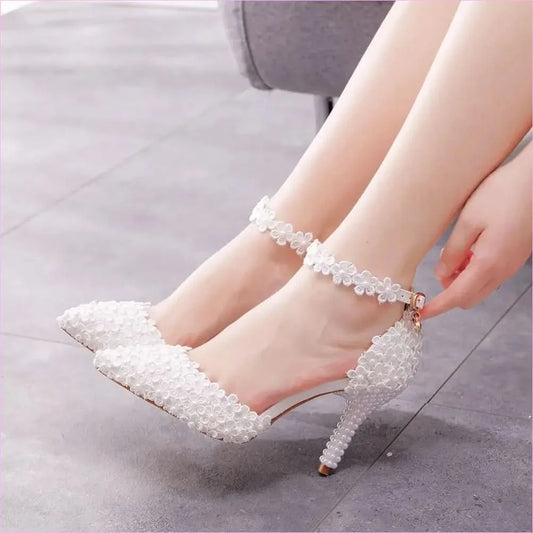 Elegant White Pointed Toe High Stiletto Wedding Shoes with Pearls - Pleasures and Sins