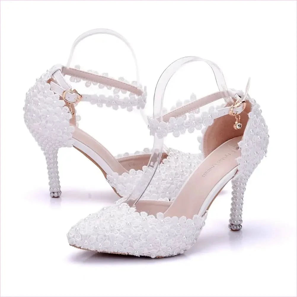 Elegant White Pointed Toe High Stiletto Wedding Shoes with Pearls - Pleasures and Sins