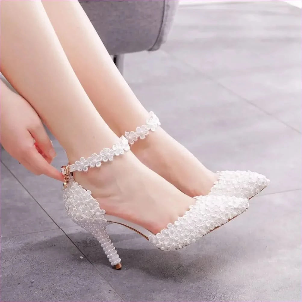 Elegant White Pointed Toe High Stiletto Wedding Shoes with Pearls - Pleasures and Sins