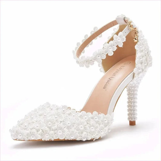 Elegant White Pointed Toe High Stiletto Wedding Shoes with Pearls - Pleasures and Sins