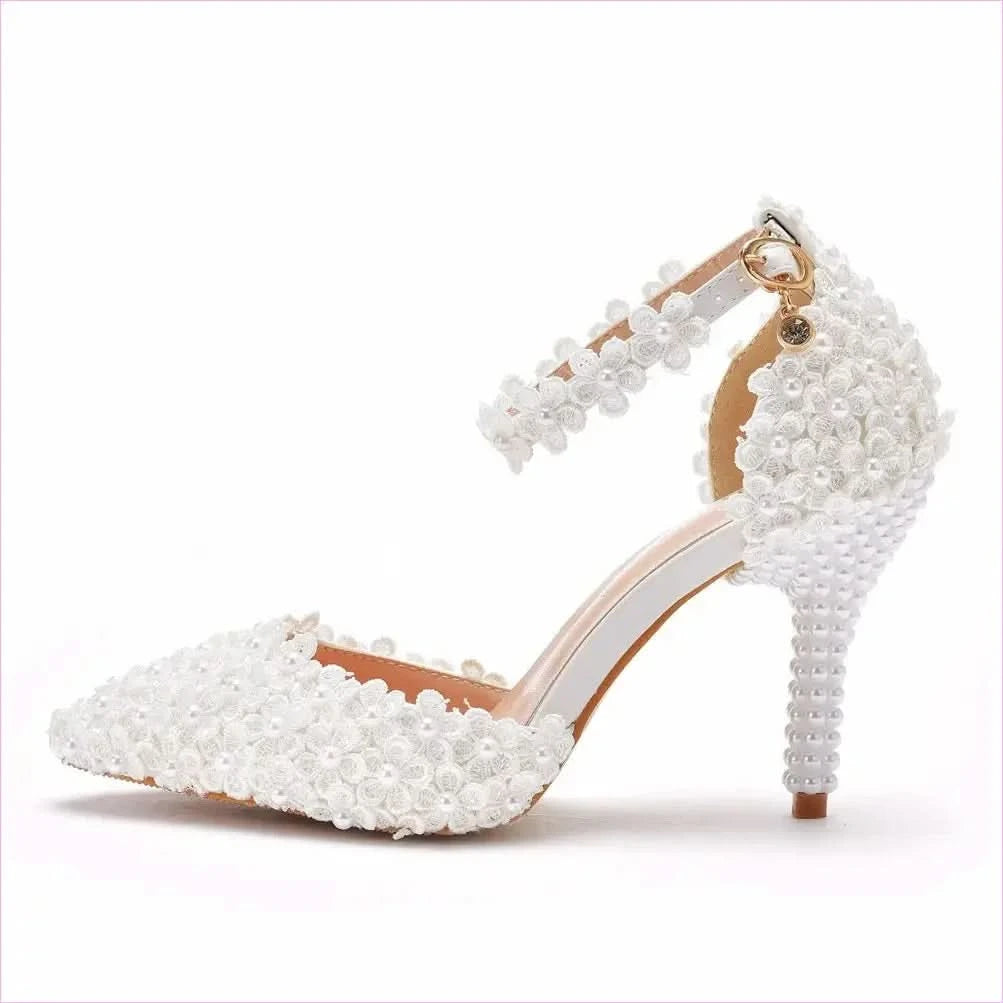 Elegant White Pointed Toe High Stiletto Wedding Shoes with Pearls - Pleasures and Sins
