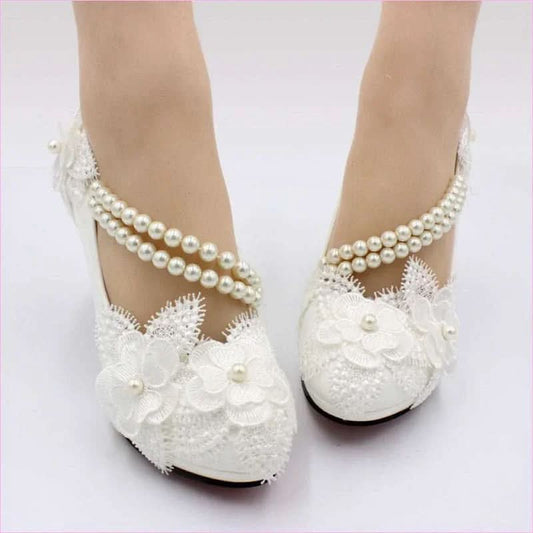 Elegant White Wedding Shoes with Pearl Strap and High Heel Style - Pleasures and Sins