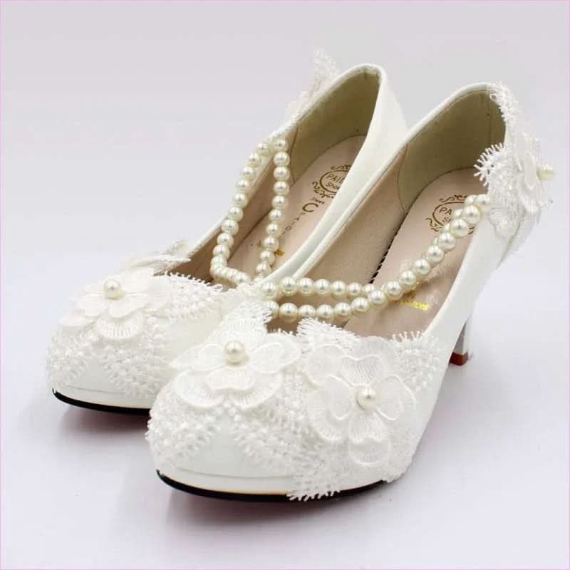 Elegant White Wedding Shoes with Pearl Strap and High Heel Style - Pleasures and Sins