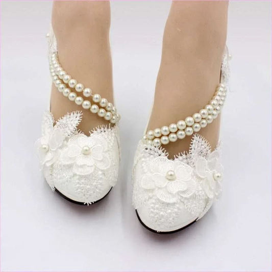 Elegant White Wedding Shoes with Pearl Strap and High Heel Style - Pleasures and Sins