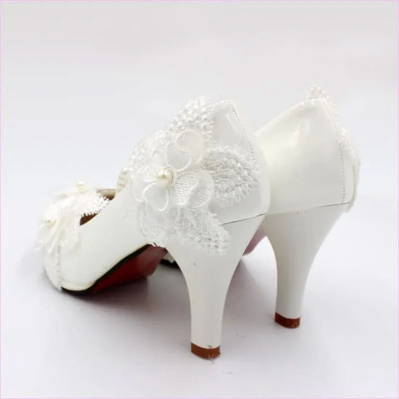 Elegant White Wedding Shoes with Pearl Strap and High Heel Style - Pleasures and Sins