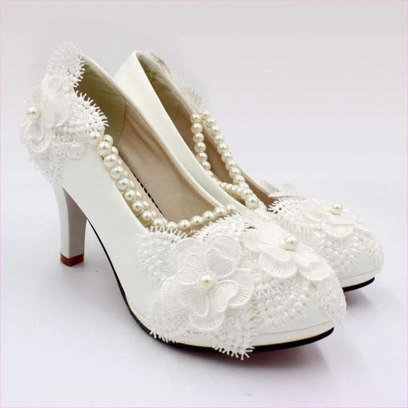 Elegant White Wedding Shoes with Pearl Strap and High Heel Style - Pleasures and Sins